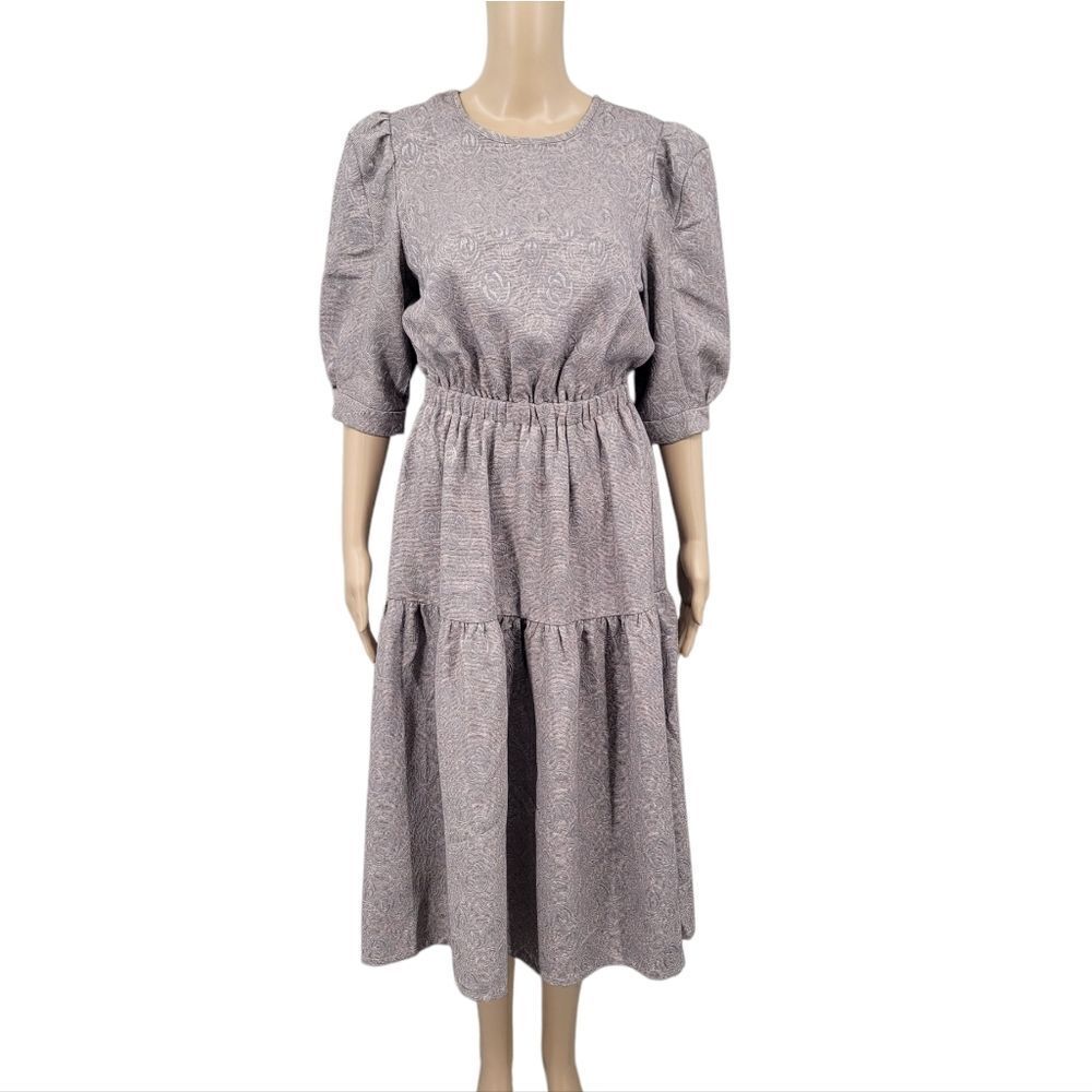 Current Air Taupe Floral Jacquard Puffed Sleeve Teired Midi Dress Back Cutout